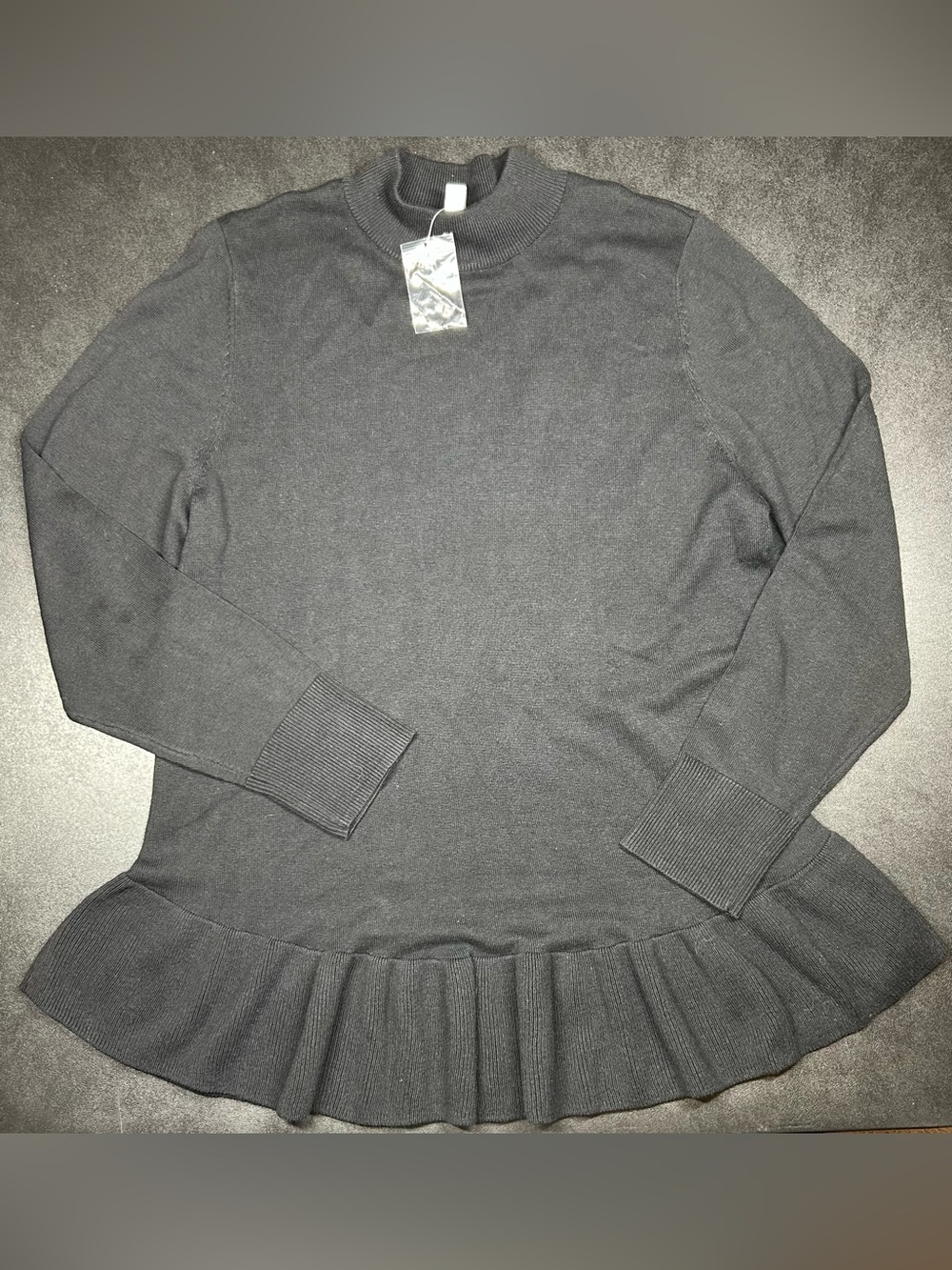 Isaac Mizrahi Live Size L Black Ruffle Hem Mock Neck Long Sleeve Sweater